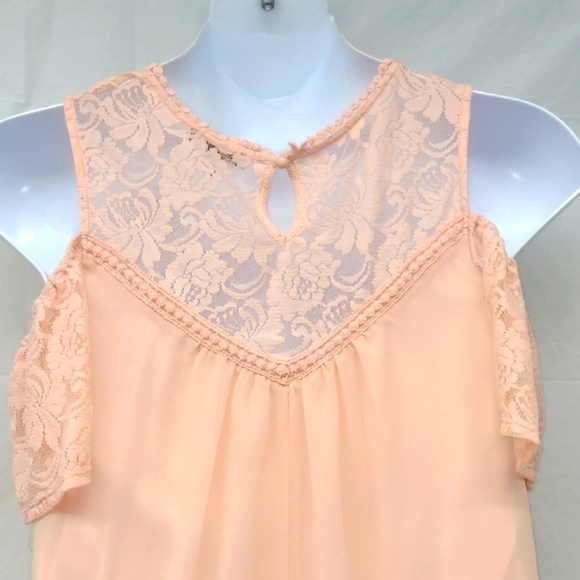 Pastel Peach Mini Slip Babydoll Dress Lace Cold Shoulder Romantic Coquette - Picture 9 of 11